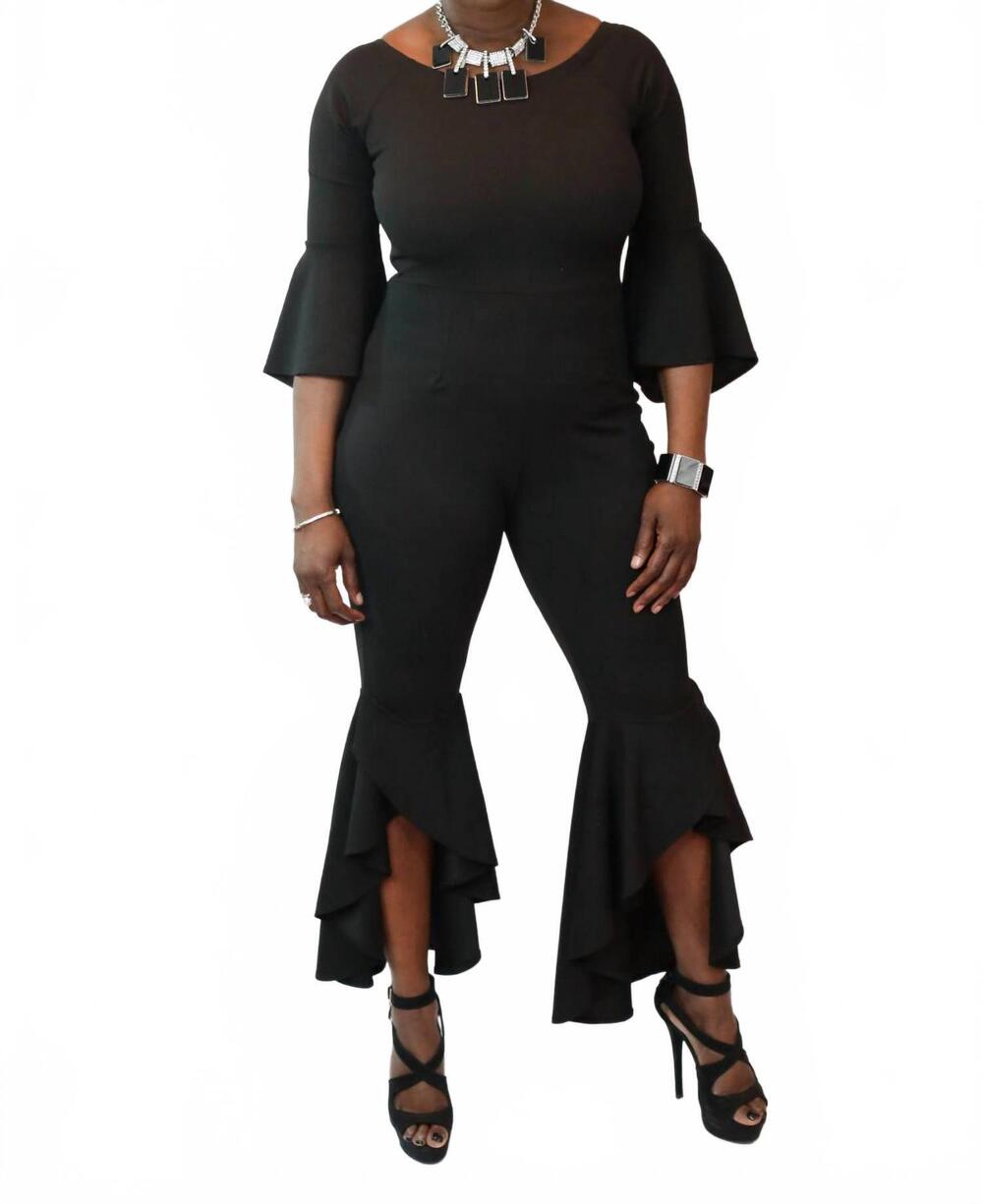 NEW BLVD classic bodycon bell bottom jumpsuit in black
